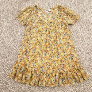 Decree Y2K Yellow Floral Chiffon Short Sleeve Ruffle Hem Babydoll Scoop blouse